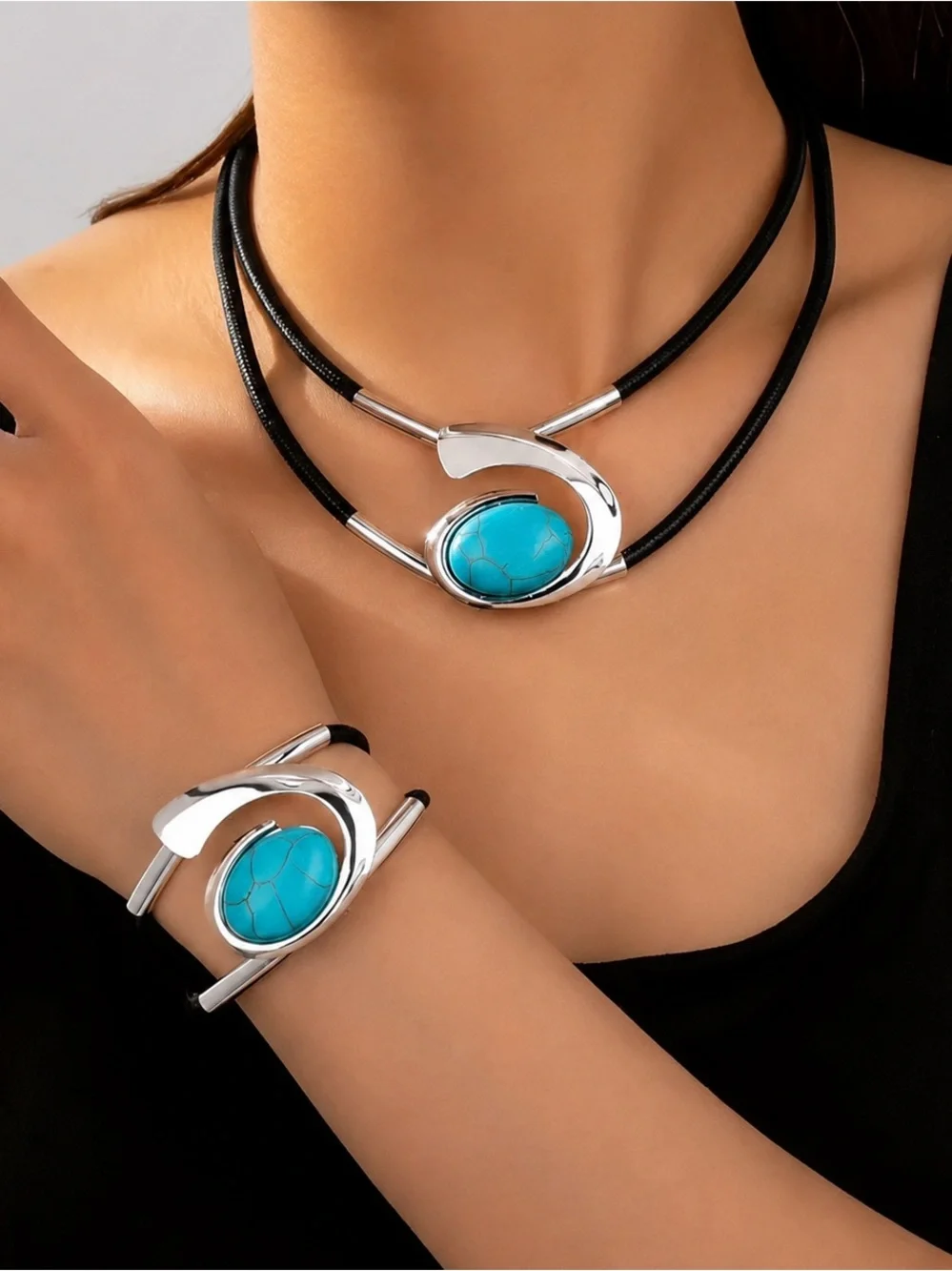 Zara Turquoise Stone Silver-Accent Necklace and Bracelet Set Boho NWOT
